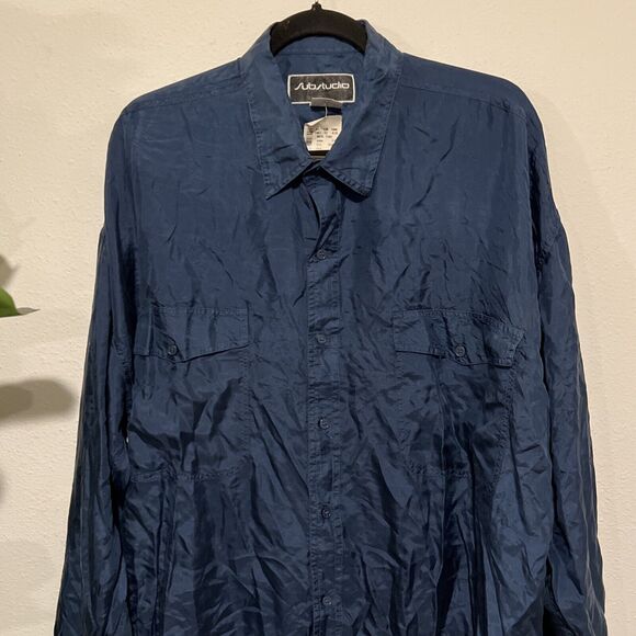 VTG Substudio Shirt Adult XL Blue 100% Silk‎ Button Up Long Sleeves Pockets NWT - Picture 3 of 16